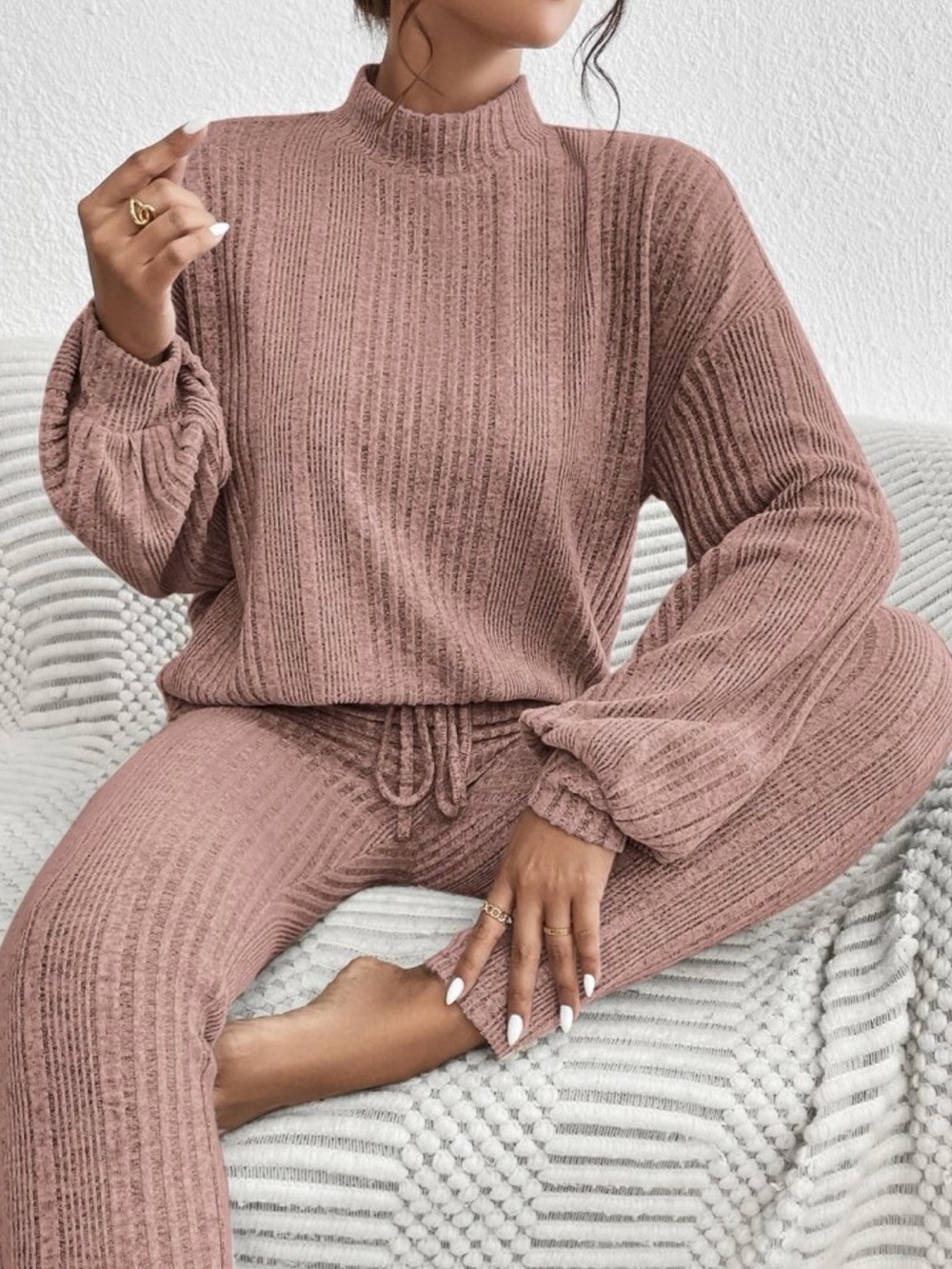 Cozy Mock Neck Ribbed Lounge Set - Mauve Pink